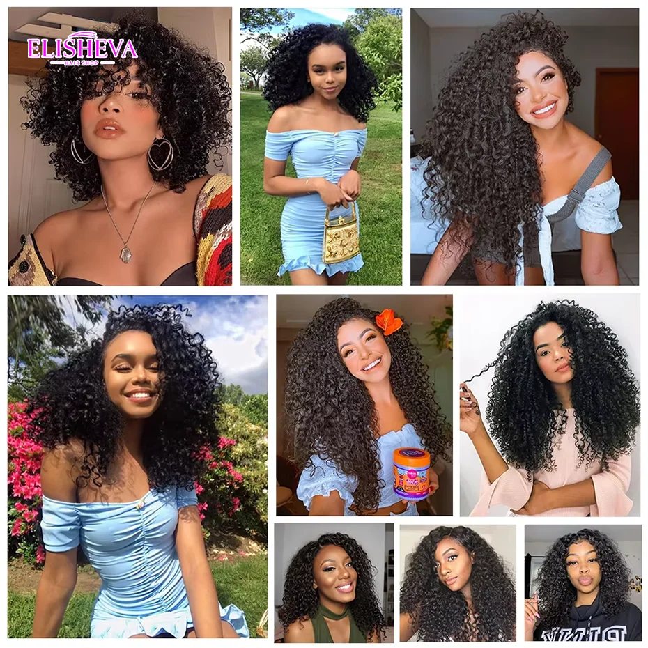 ELISHEVA Extension di Capelli Umani Indiani Grezzi, Confezione da 1/3/4 Fasci, Afro Kinky Curly, Nero Naturale/Nero Intenso, Remy Ondulati - immagine 3