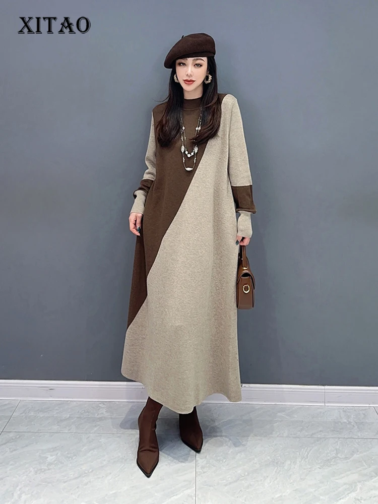 

XITAO Knitting Sweater Dress Asymmetrical Contrast Color Splicing Long Sleeve Half High Collar Dress 2024 Spring New HQQ2236