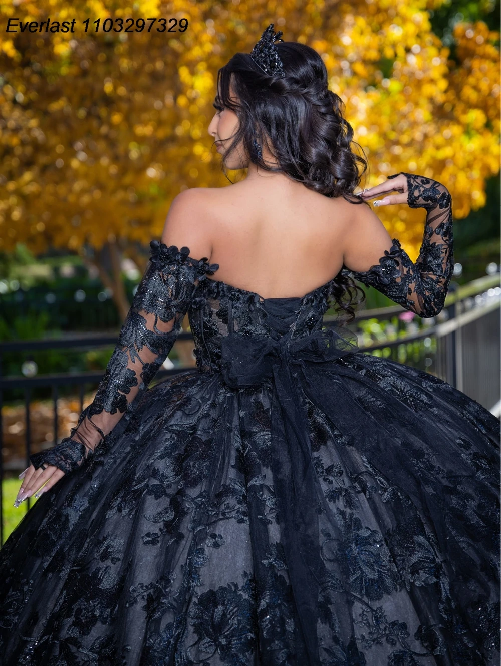 EVLAST Shiny Black Quinceanera Dress Ball Gown Lace Applique Beading Long Sleeve Sweet 16 Vestido De 15 Anos E1Q05