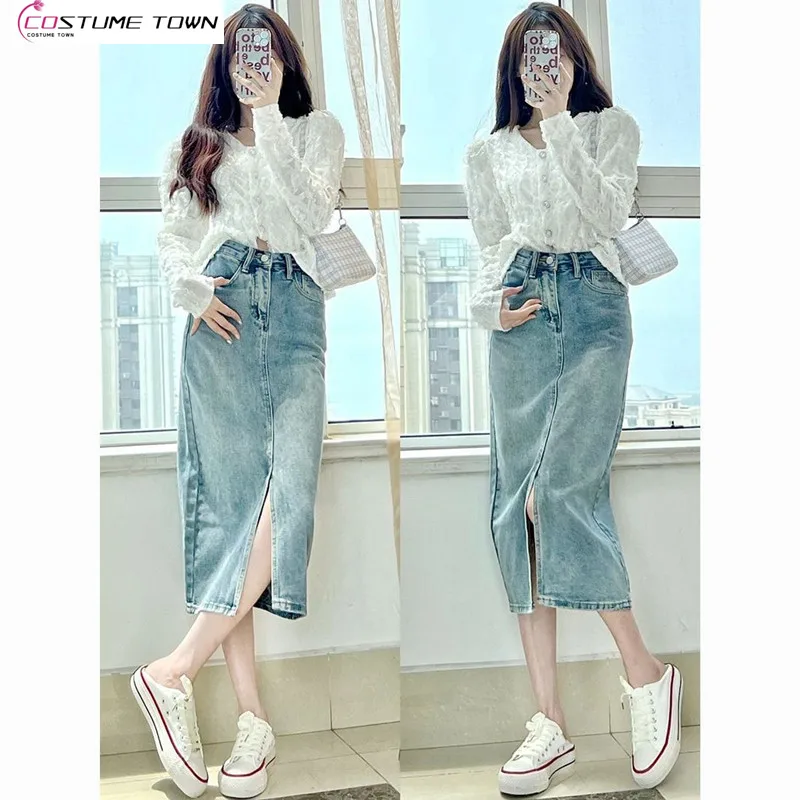 

Sweet Style Popular Design Sense Niche Unique Lace Bubble Sleeve Shirt Denim Mid Length Skirt Goddess Style Super Immortal Set