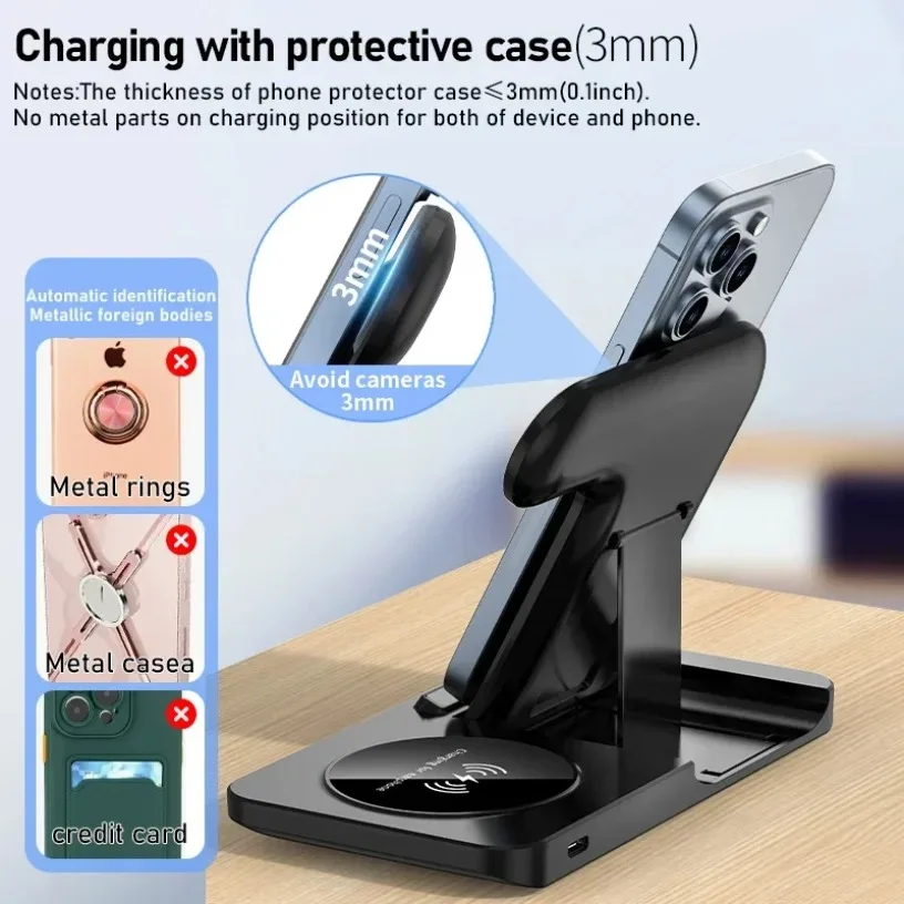 3 in 1 Wireless Charging Station for Apple Devices Foldable Fast Charger Stand for iPhone iWatch AirPods Pro with Night Light thumbnail 4