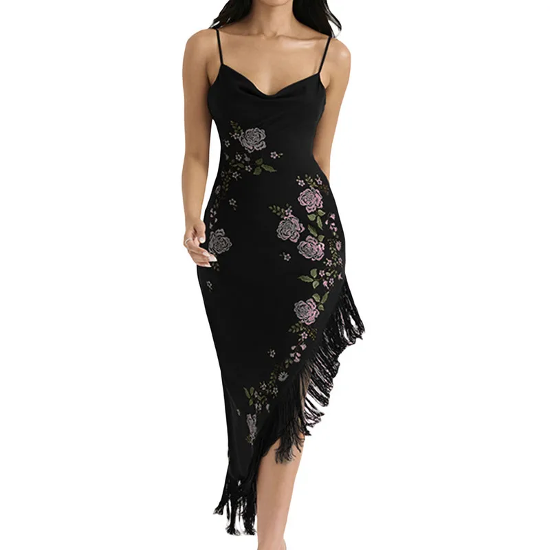 

Женское облегающее платье, вечерняя модель, летняя одежда 2023, винтажное Клубное платье без рукавов, с цветочным принтом, на бретельках, с разрезом, с открытой спиной