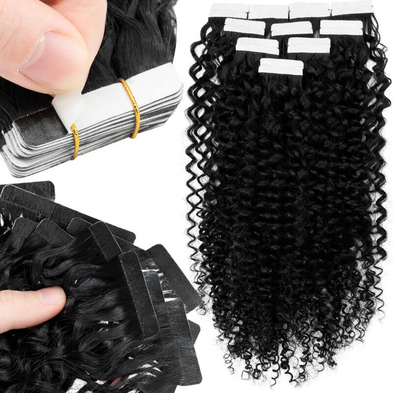 Curly Tape In Extensions Human Hair Deep Wave Brazilian Natural Human Hair Extensions Invisible Seamless Curly Tape Ins 50G/Pack