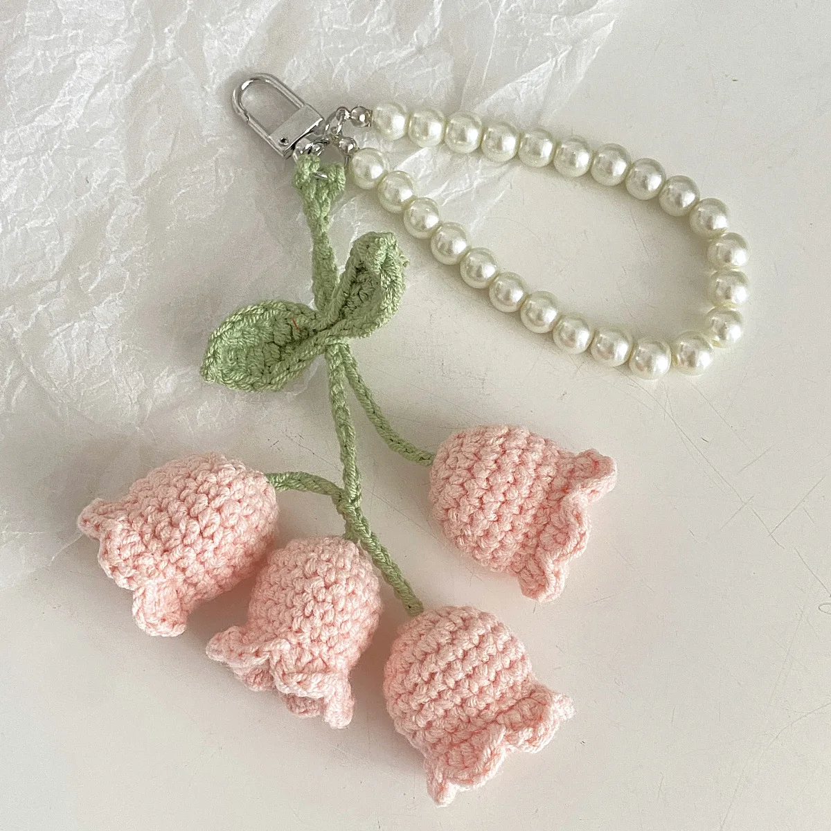 Cute Girl Pearl Keychain Korean Style Creative Chain Woolen Crochet Orchid Flower Keychain Bag Decorative Buckle