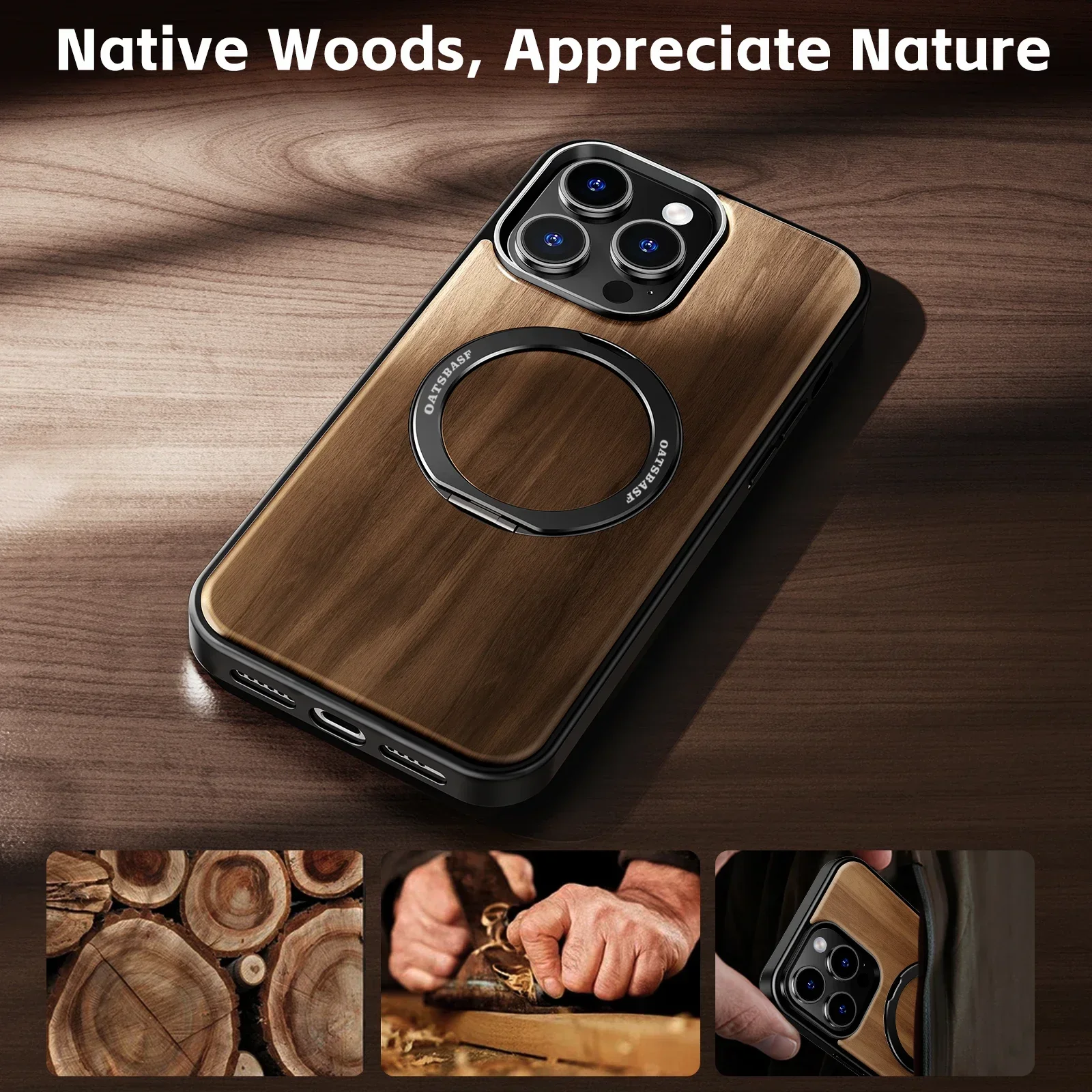 Eary for iPhone 16 15 Pro Max Case with Magsafe Kickstand 360°Rotatable Magnetic Stand Shockproof Protective Cover Unique Wooden
