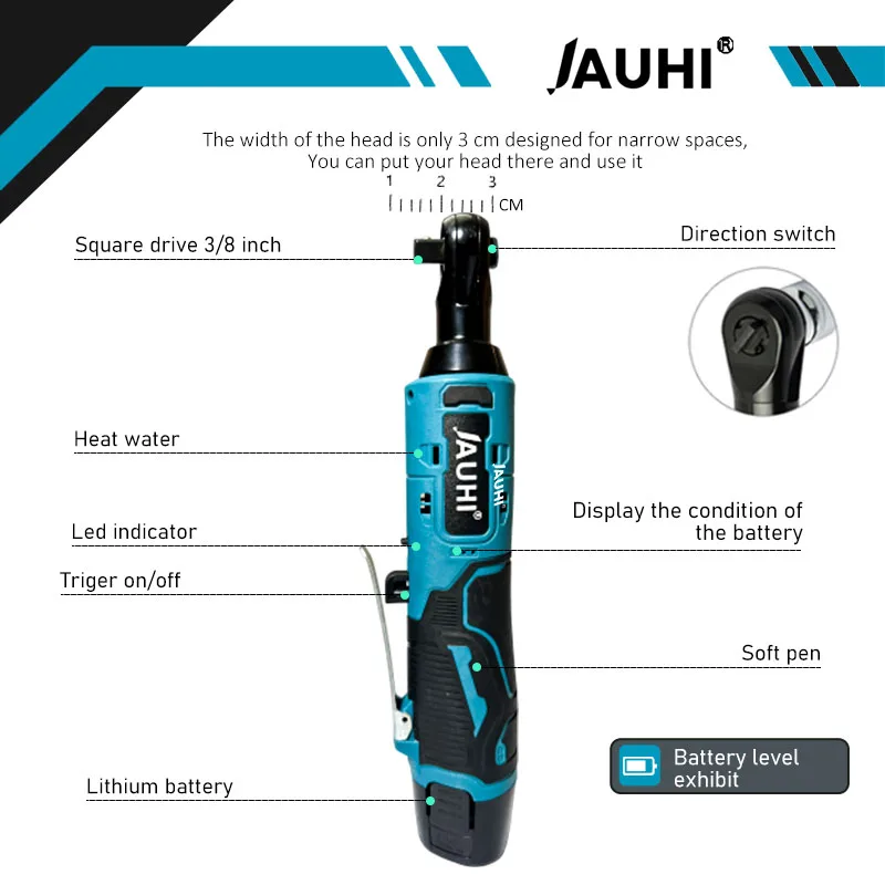 JAUHI 무선 충전식 전기 렌치, 직각 래칫 렌치, 임팩트 드라이버 전동 공구, 12V, 3/8 인치