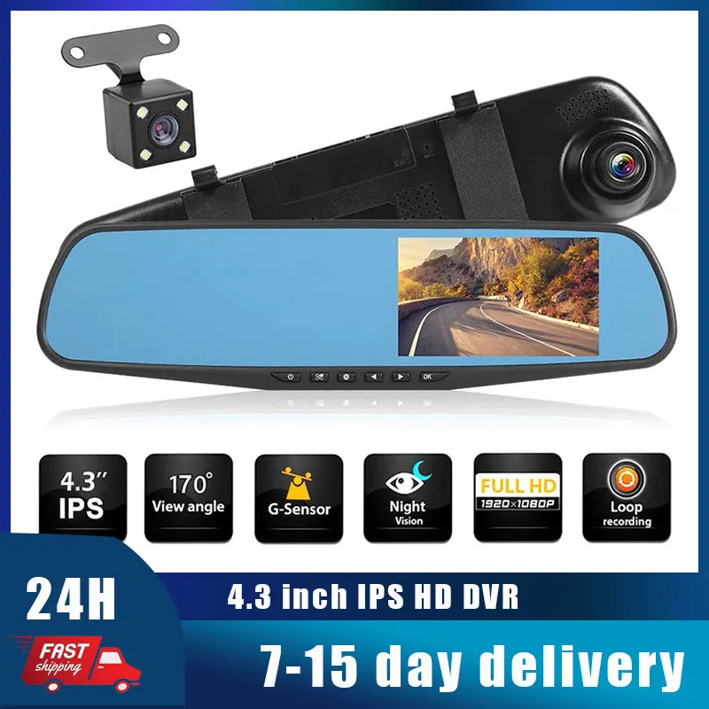 

4.3In Dash Cam Car DVR 1080P Dash Camera Dual Lens Video Recorder Rearview Mirror Digital Cycle Dashcam Night Driving Recorder