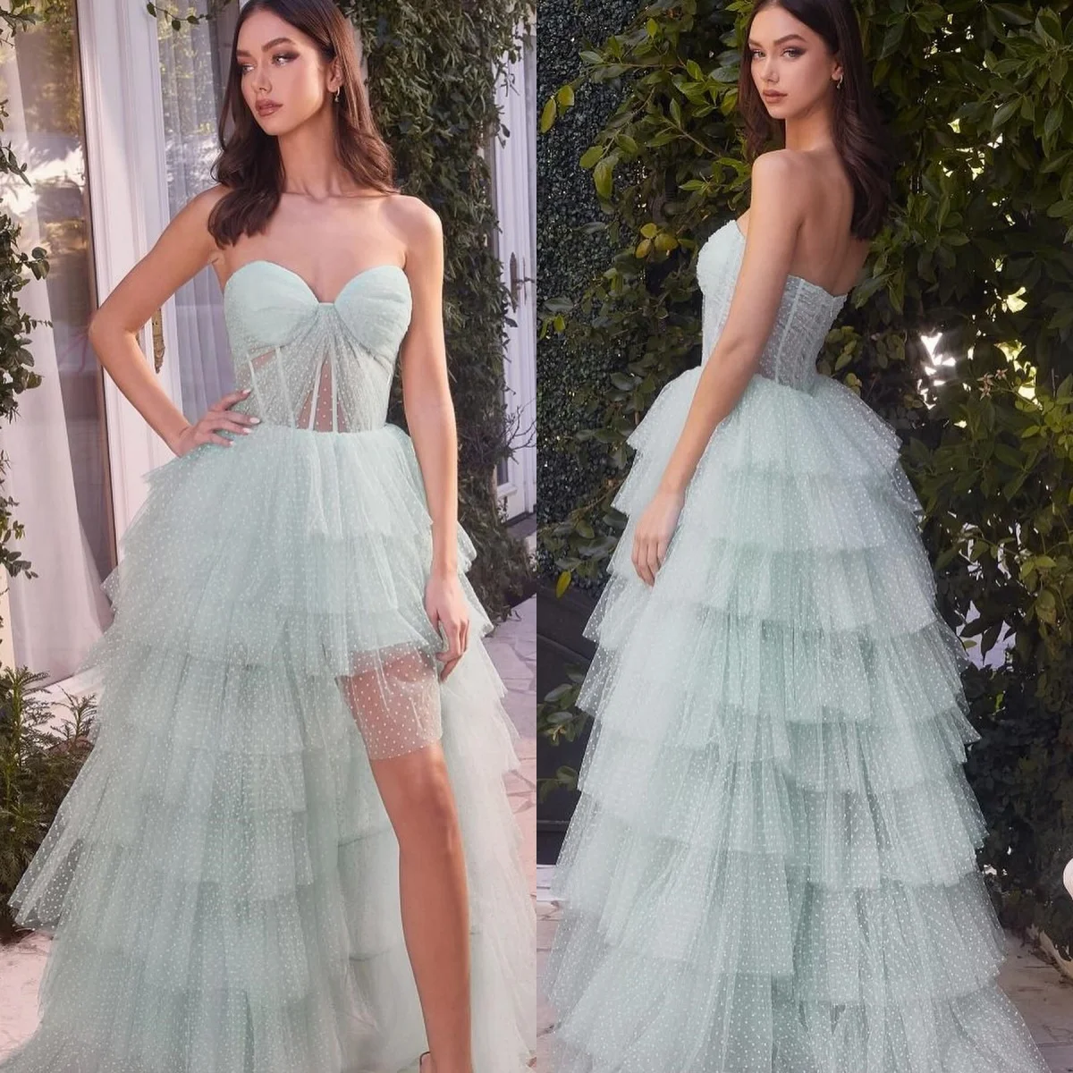 

Mint Green Prom Dress for Woman Elegant Sweetheart Sleeveless Formal Gowns Off Shoulder Tiered Tulle High Slit Robe De Soriee