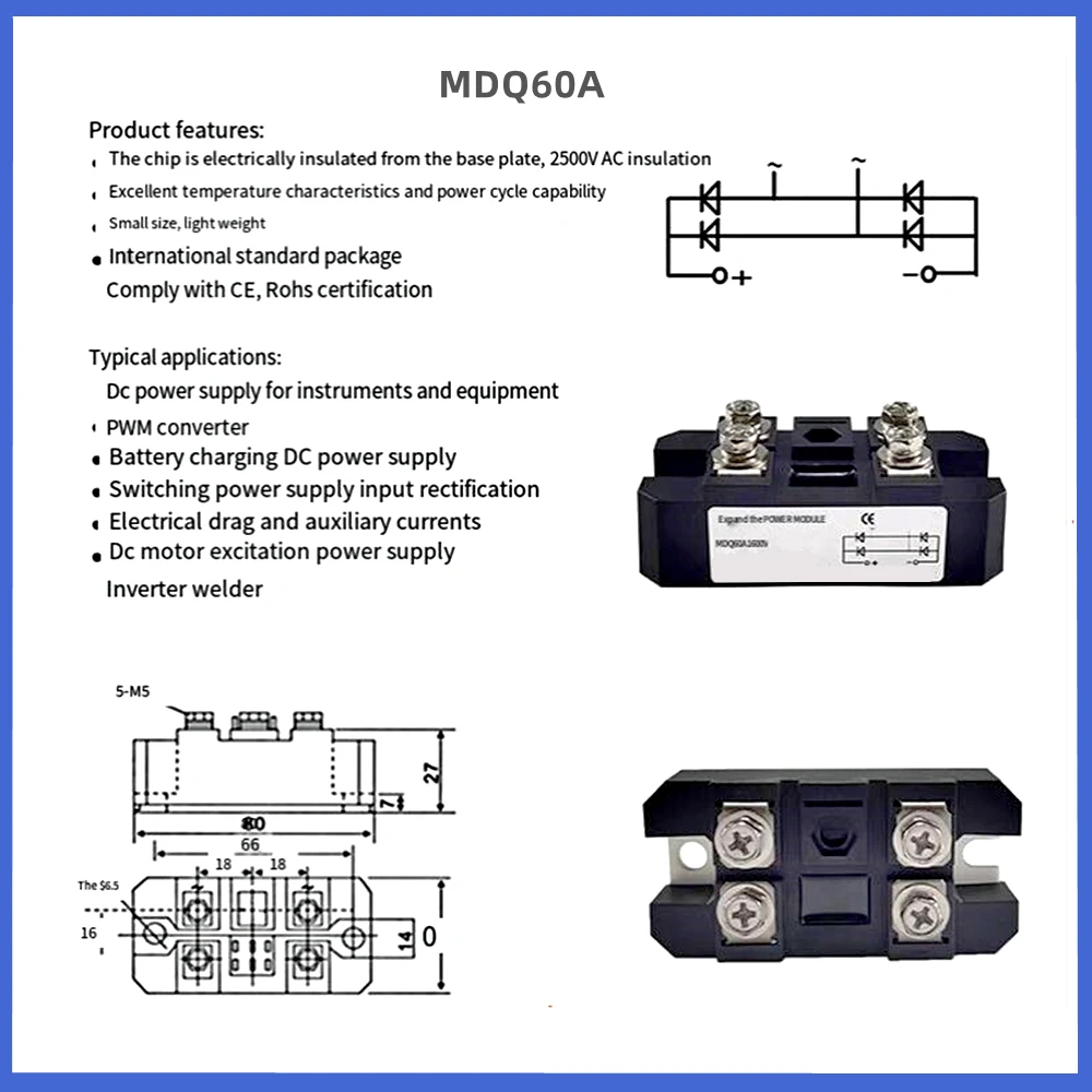 MDQ60-16 단상 정류기 브리지 정류기 모듈, MDQ40A, 60A, 600V, 800V, 1000V, 1200V, 1400V, 1600V, 1800V, 2000V, 2500V, M340