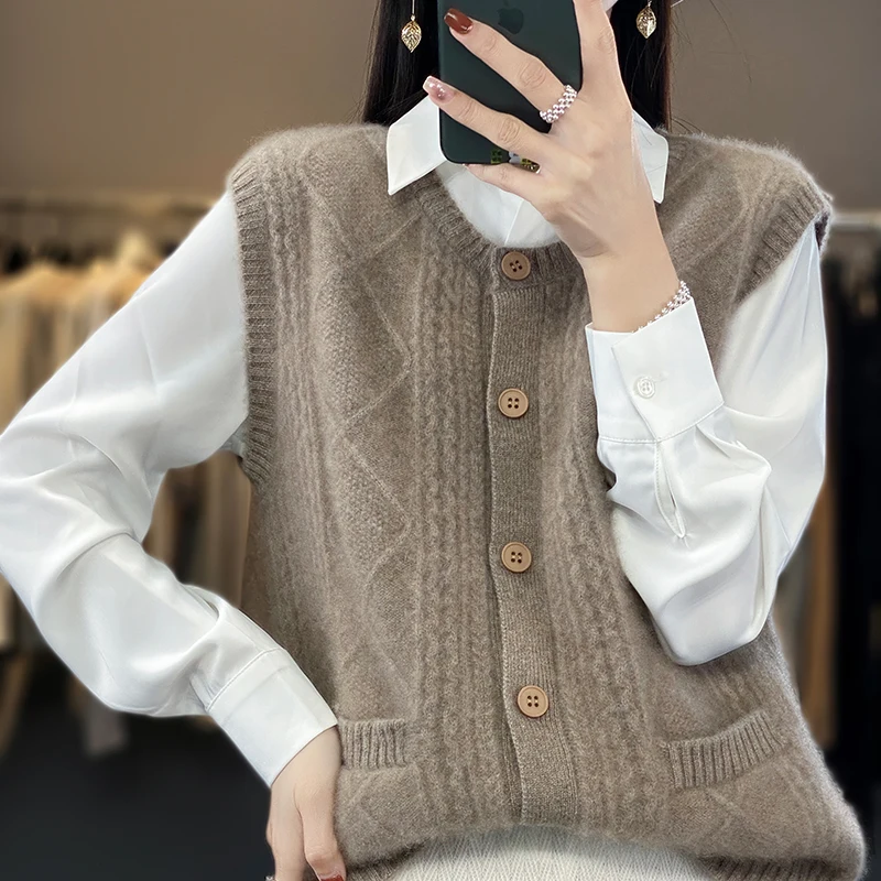 

2023Autumn And Winter New Woolen Sweater Women's Round Neck Sleeveless 100% Pure Wool Loose Solid Jacquard Knitted Vest Cardigan