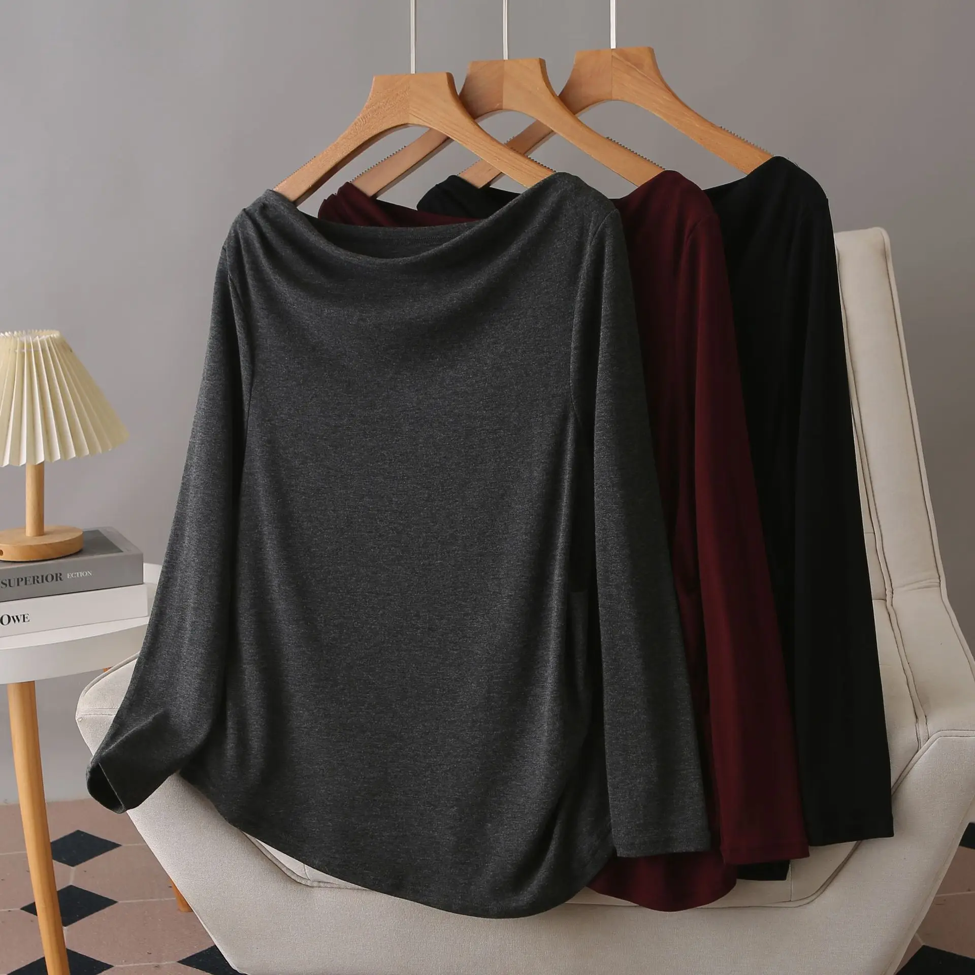 Fashion Plus Size Women's T-Shirt Autumn Style Off Shoulder Long Sleeved Solid Color Tops 019