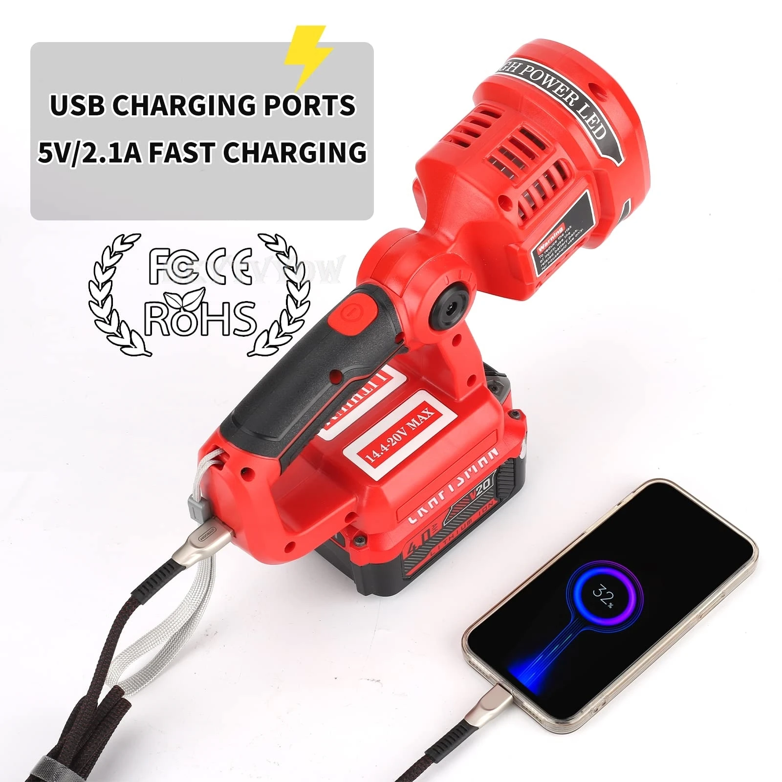 Cordless 1120LM LED Work Light for Craftsman V20 Battery 12W Portable Rechargeab