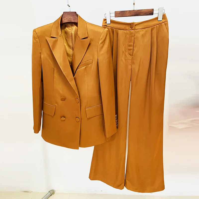 Tesco Star Fashion Solid Suit Sets Double Breasted Blazers+Straight Wide Leg Trousers Casual Outfits For Holiday Female Clothes