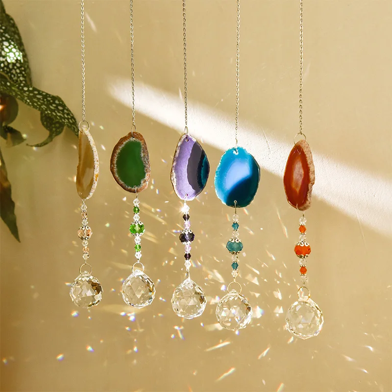 1pc Suncatcher Hanging Crystal Ball with Agate Slice Wind Chime Ornament Window Garden Decor Home Decor