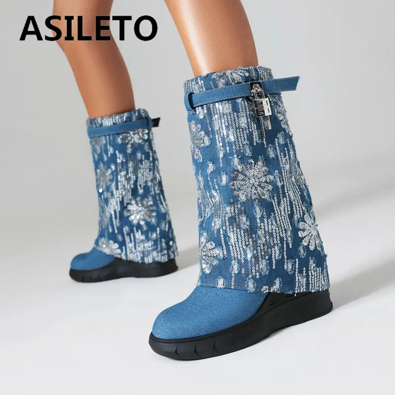 

ASILETO Women Mid Calf Boots Denim Round Toe Slip On Wedges Metal Decoration Big Size 44 45 Fashion Casual Shoes Winter Bota