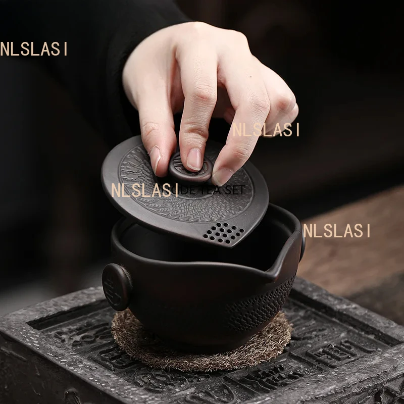 150ml purple pottery with handle lid bowl handmade Kung Fu tea set container business gift