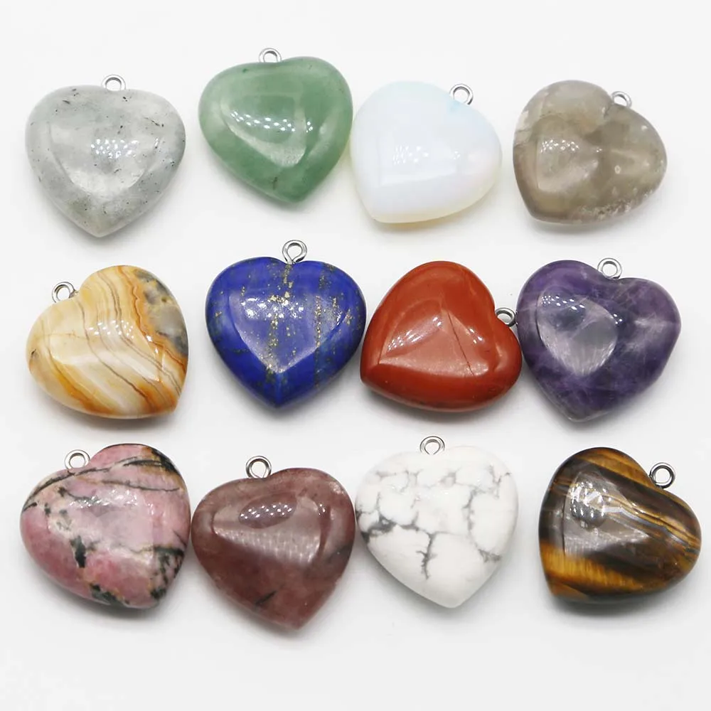 25MM Natural Semiprecious Stone Amethyst Multicolour Heart Necklace Pendant Key Chain Accessories Charms Jewelry Wholesale 10Pcs