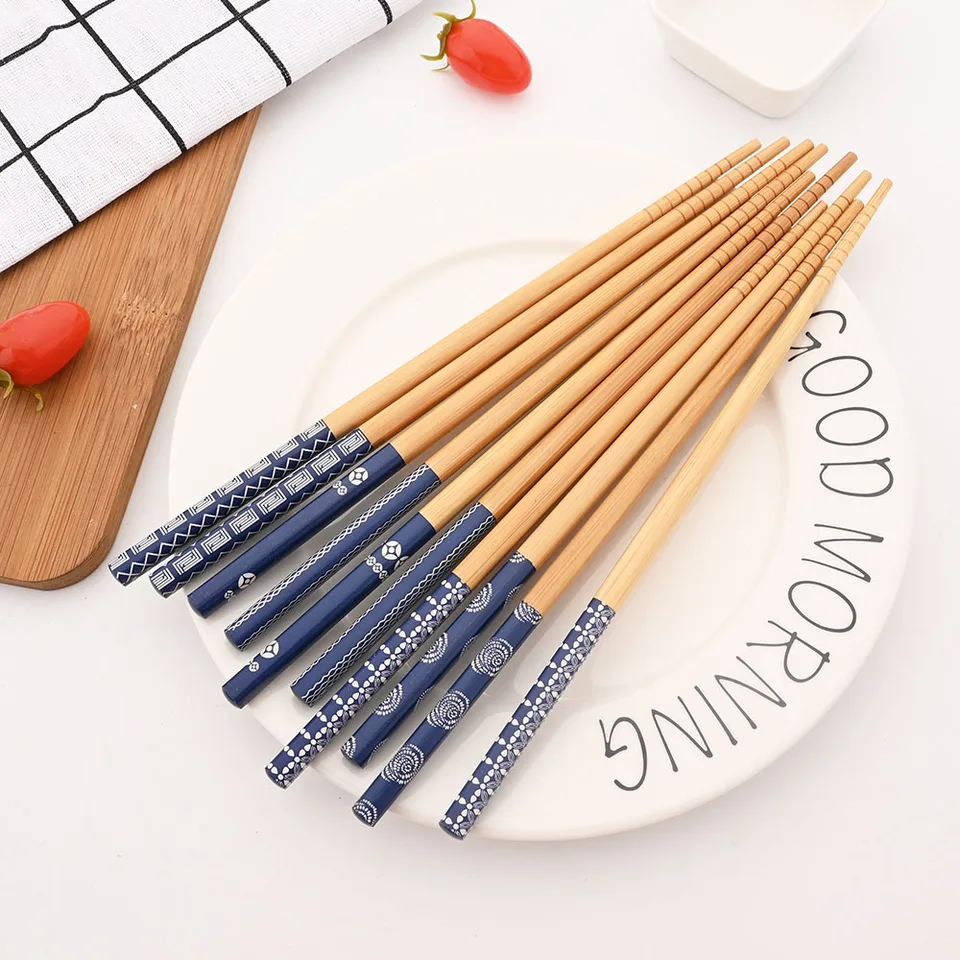 1ペアブルー再利用可能な手作り箸竹日本天然木箸寿司食品花木製箸食器