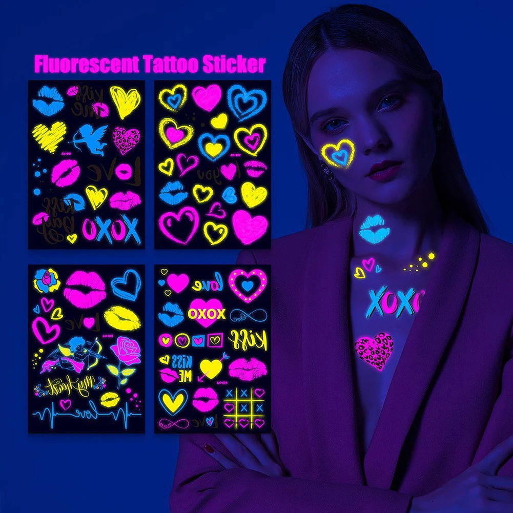 

Флуоресцентные наклейки для татуировок Love, Временные татуировки, водонепроницаемые наклейки для тела, ног, лица, тела, музыкальный концертный бар