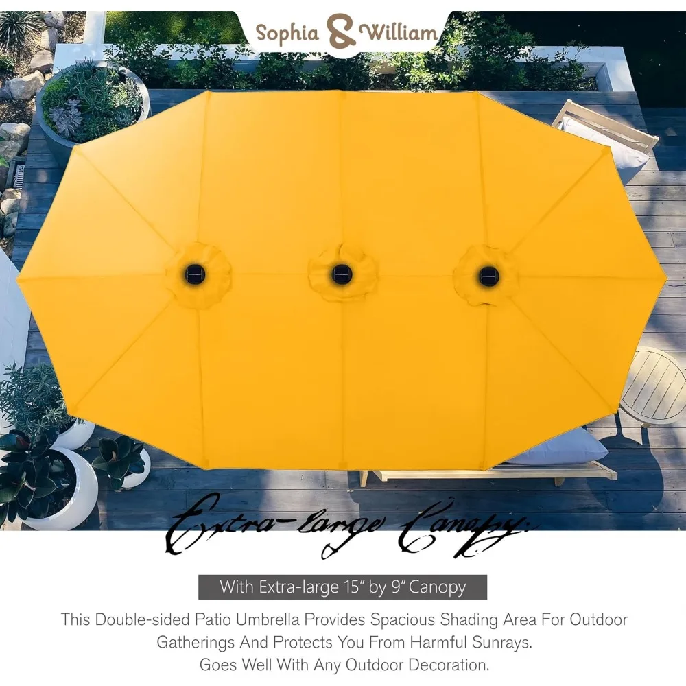 15 ft Extra Large Patio Umbrella with Solar Lights, Rectangular Outdoor Umbrella with Base Included, Market Umb 5