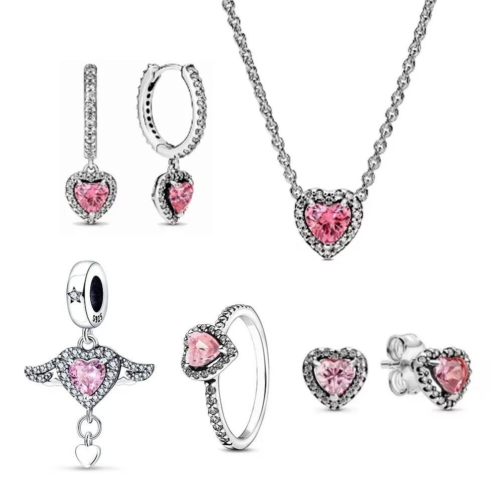 Series Sterling Silver 925 Pink Shiny Love Full of Diamond Jewelry Set Charm Ring Necklace Earrings Women Exquisite Jewelry Gift silver jewelry set jewelry set silver jewelry