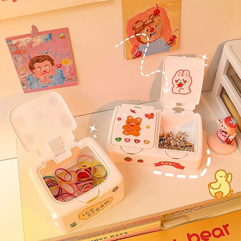 Kawaii Cartoon Desk Organizer Box Button Cosmetics Storage Box with Lid Mini Jewelry Organizer Cosmetics Makeup Container