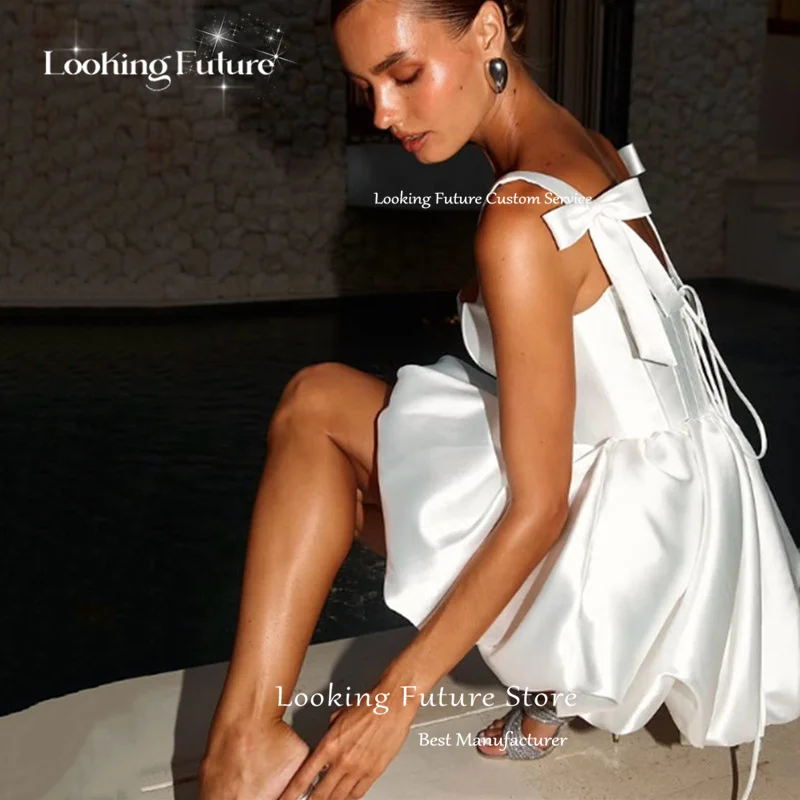 Simple Square Collar Satin Mini Wedding Dress Spaghetti Straps Ball Gowns 2025 Pleat Bow Backless Lace Up Short Gowns Customized 10 S4847975fef394b88a1bffb8be8fe249aw