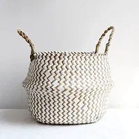 Home Cestas Mimbre Striped Wicker Storage Baskets Laundry Basket Handmade Collapsible Straw Patchwork Seagrass Osier Panier 1