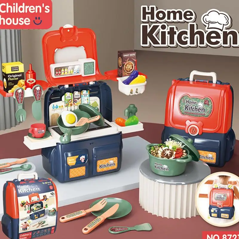 

Children Play Pretend Play Kitchen Toy Realistic Pretend Backpack Tableware Playset Simulation Household Appliances Gift For Kid