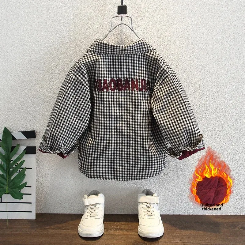 Thickened Pure Cotton Plaid Shirt for Boys Winter Style Korean Version Baby Fashionable Cotton Padded Trendy Design