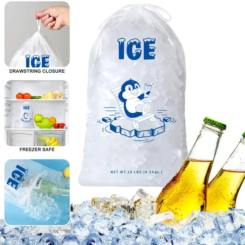 10Pcs Ice Bags with Drawstring Disposable Recyclable Freezer Pouch Heavy-Duty Thickened Ice Making Storage Bags for Freezers
