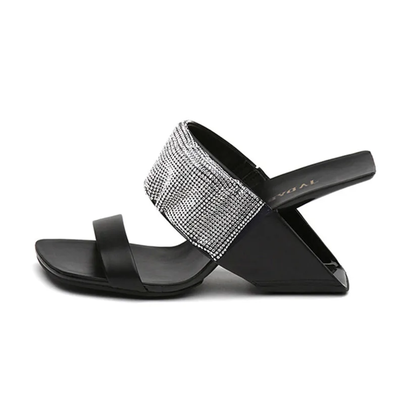 

Luxury Rhinestone Strap Women Outside Slippers Fretwork High Heels Prom Party Pumps Crystal Black Leather Slides Lady Sandalias