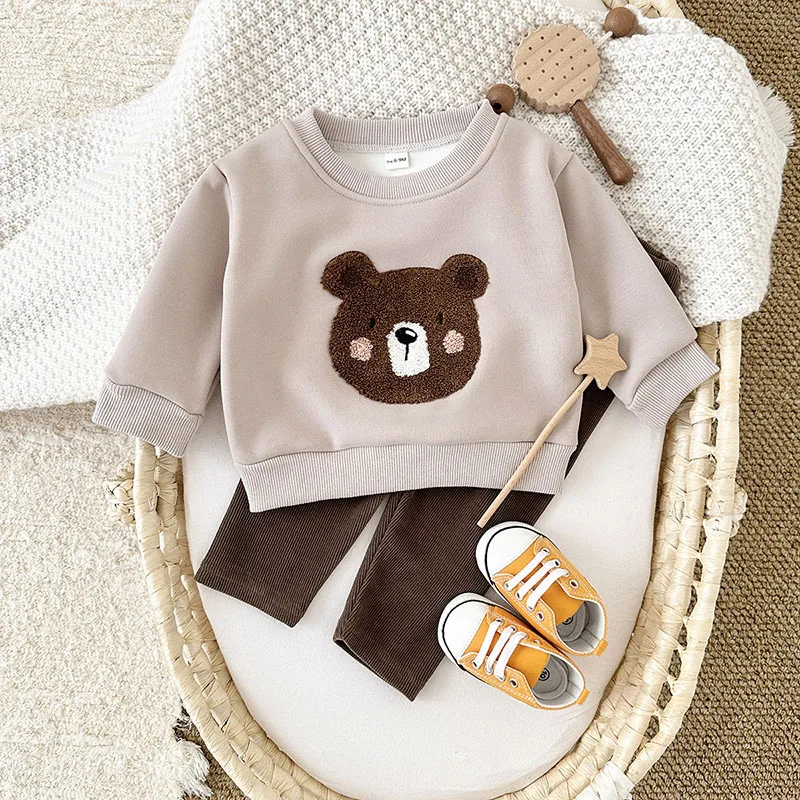 Cute Bear Fleece Baby Hoodie Pants Set