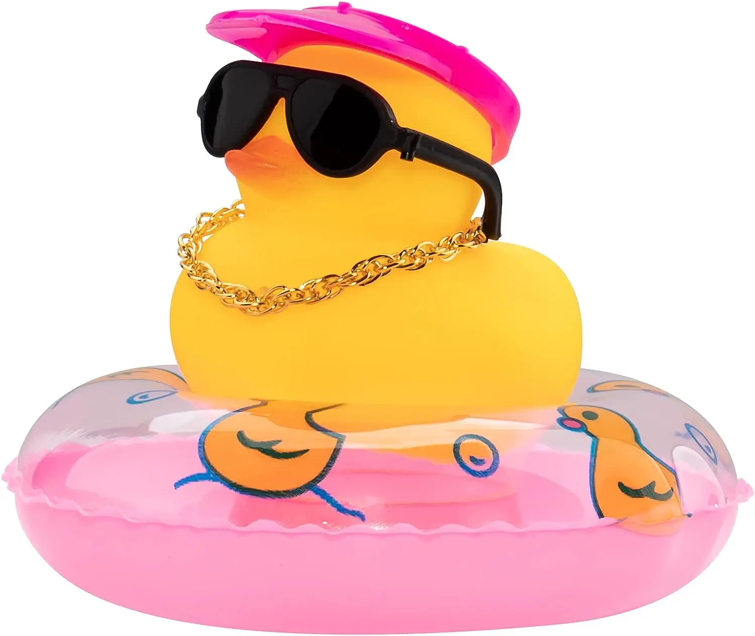 Duck Dashboard Decoration with Mini Hat, Swim Ring, Necklace, and Sunglasses