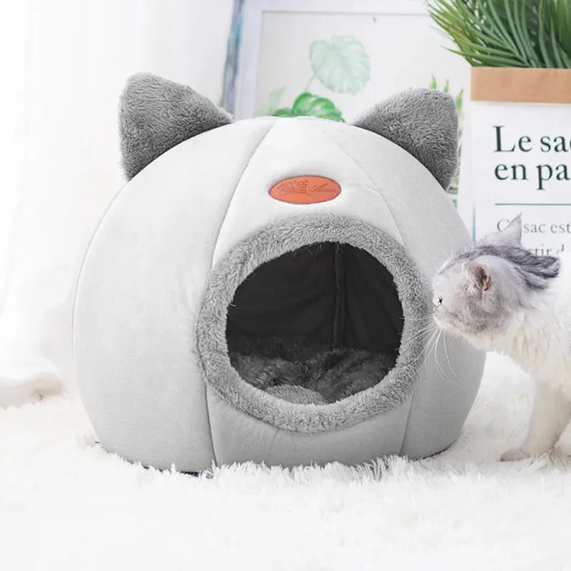 Casa para gatos cálida y bonita con forma de cabeza de gato, cueva para dormir segura, diseño semicerrado antideslizante, nido Universal para gatos para las cuatro estaciones 3