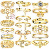 Ring 925 Sterling Silver Sparkling Gold Heart Star Moon Chain Ring For Women Man Girl Wedding Anniversary Part Ring Jewelry Gift