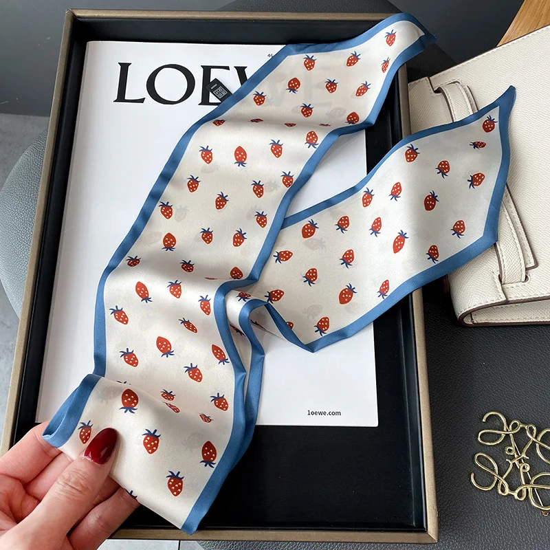 Skinny Ribbon Silk Scarf Women Lovely Fruits Print Foulard Hairband Headband Female Soft Satin Handle Bag Neck Ties Neckerchief 3