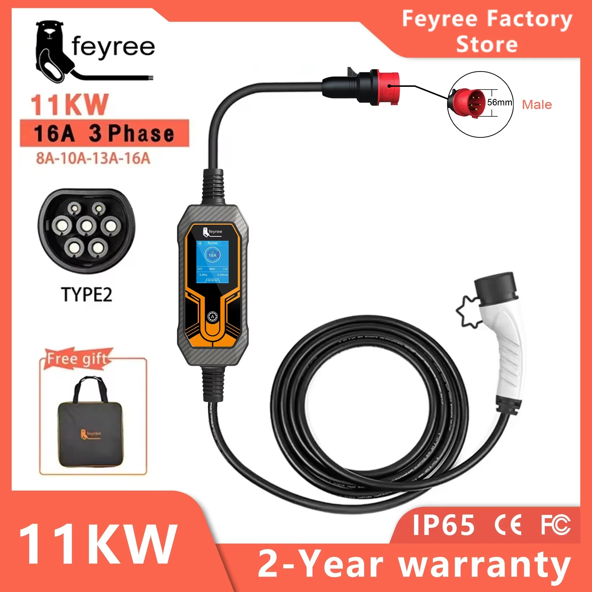 Feyree 11kW 16A 3 Phase EV Portable Charger Type2 5M Cable EVSE Charging Box Electric Car Charger CEE Plug for Electric Vehicle
