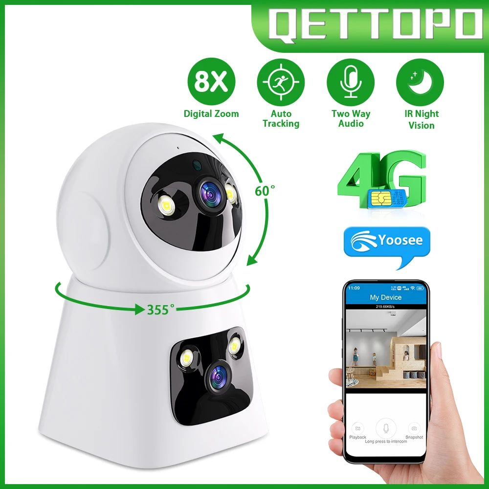 

Qettopo 6MP двойной объектив 4G PTZ камера двойной экран 8X зум AI человеческое отслеживание Крытый WIFI безопасность CCTV IP-камера Yoosee