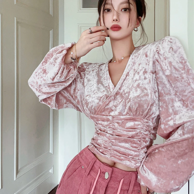 2023 New Pink Velvet Shirts Women Spring Autumn Fashion Vintage Slim V-neck Long Sleeve Cropped Tops Mujer