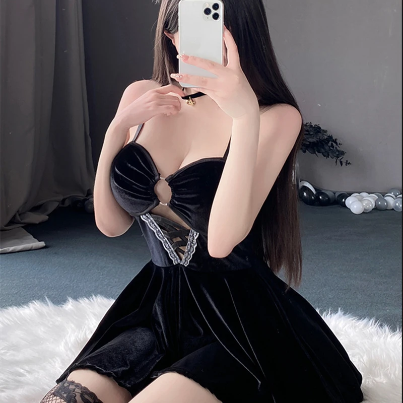 

Sexy Nightgowns Women Sling Skirt Sleepwear Deep V Velvet Dress Lace Backless Nightwear Nighty Ladies Hot Pajamas Home Clothes