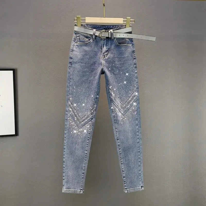

Jeans For Women Trendy Heavy Industry Rhinestone Skinny Jeans Spring Autumn High Waist Pencil Pants Ladies Street Denim Pants