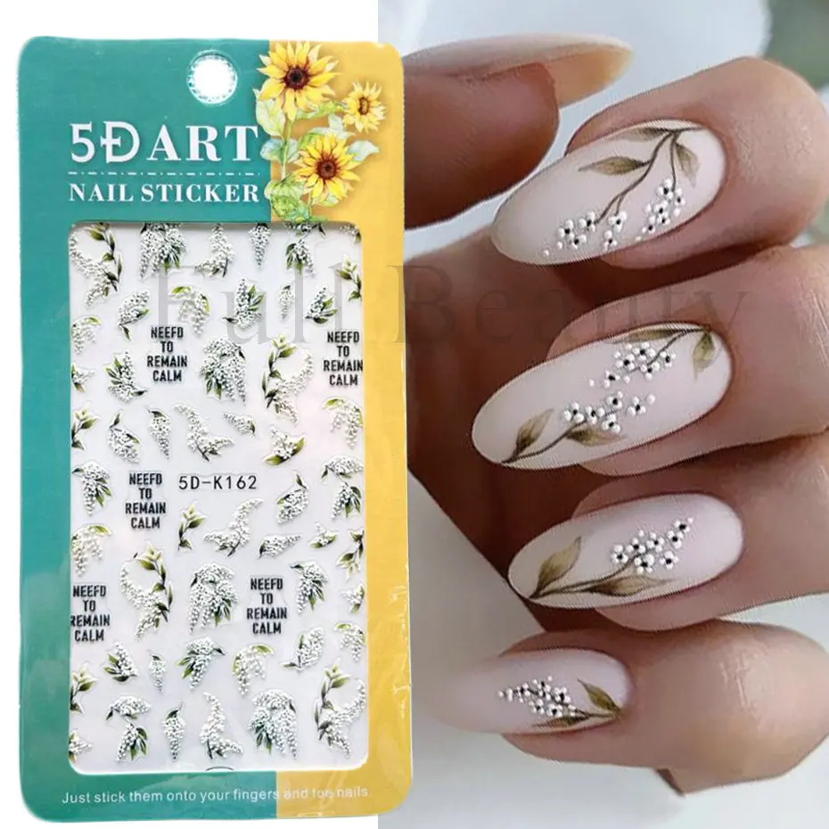 Nail Stickers 5D Embossed Nail Art White Lily of the Valley Tulip Dreamcatcher Gel Polish Wedding Flower Engraved Slider Tips