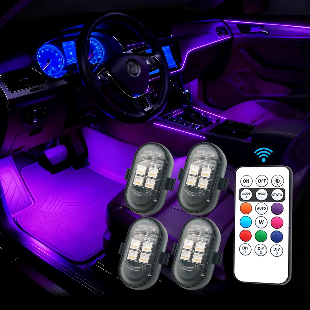 Rechargeable Car LED Light Kit, RGB Color Changing LED Light with Remote Control, Decorative Atmosphere Lamp for Car Motorcycle