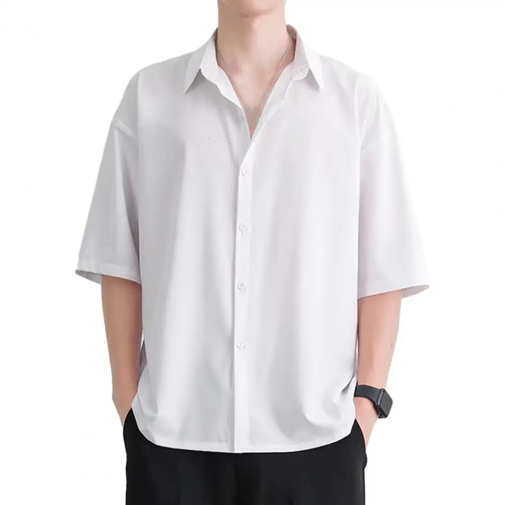 

Lapel Collar Shirt Men's Casual Short Sleeve Button Down Shirt Breathable Solid Color Summer Top with Turn-down Collar Loose Fit