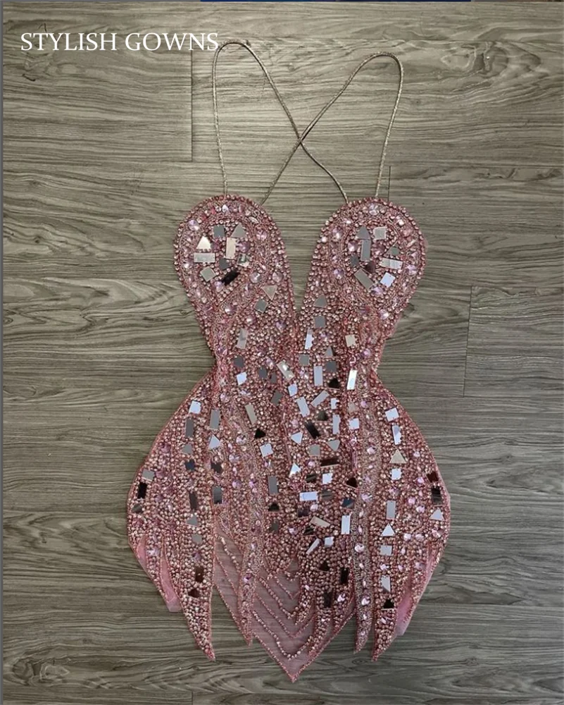 

Lovely Pink Sweetheart Short Prom Dresses 2023 For Black Girls Crystal Beaded Birthday Party Dress Sequined Mini Cocktail