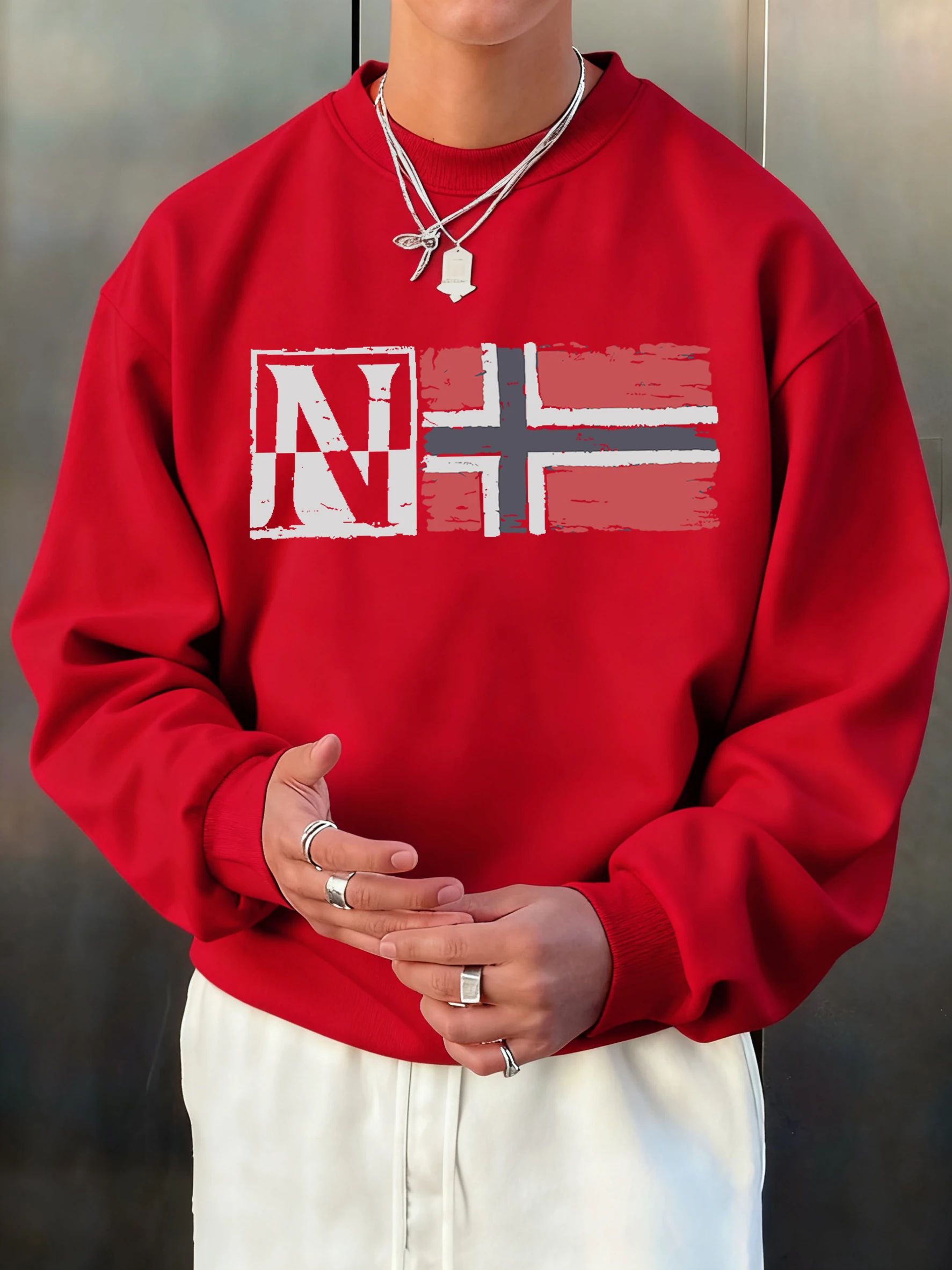 N Artistic Characters And Flag Print Pullover Men Autumn Loose Hoody Casual Fleece Soft Sweatshirt All-Match O-Neck Long Sleeve