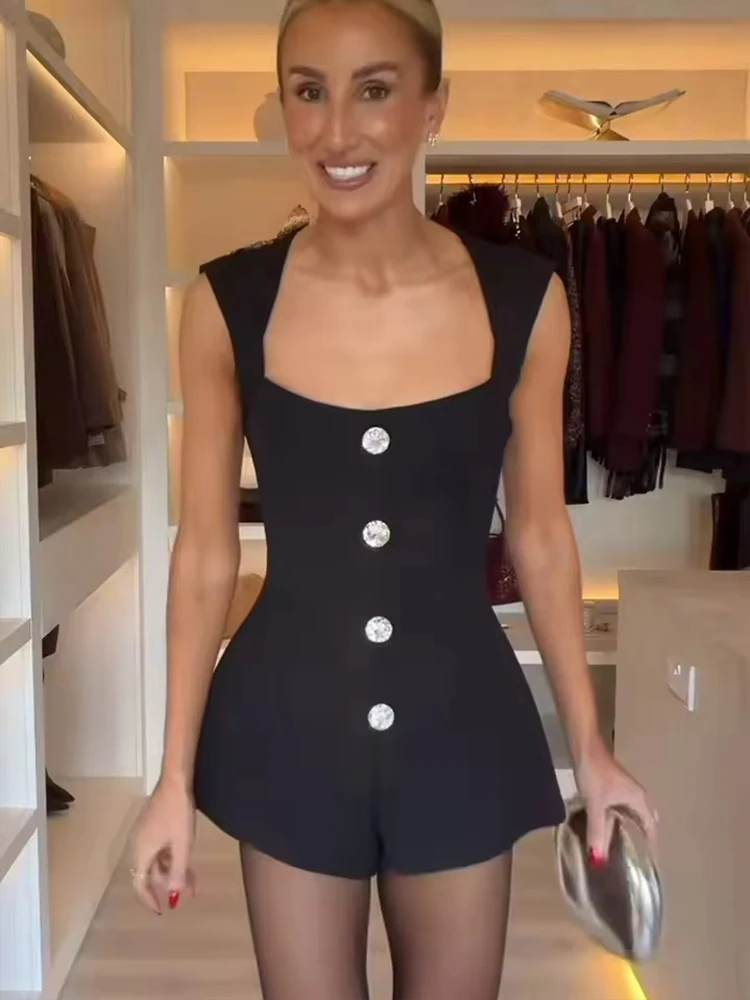 Women's Jumpsuit 2026 Autumn New Style Sleeveless Jewelry Button Decorated Sexy Short Jumpsuit Commuting Fashion Personality
