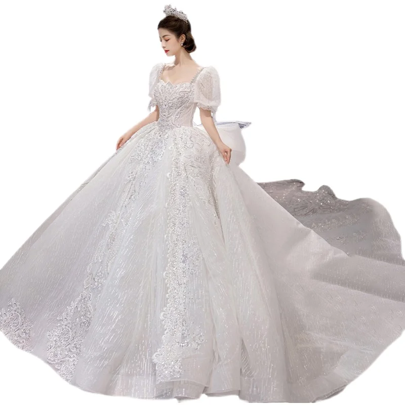 Luxury Wedding Dresses Shiny Big Beading Ball Gown With Long Train Bridal Dress Custom Made  Size Vestido De Noiva Customized 5