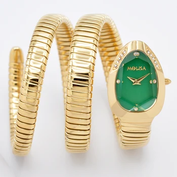 2026 High Quality Gold Diamond Set Snake Shaped Dress Watch Bangle Style Fashionable Unique Brand Same Style Women's Wristwatch 1